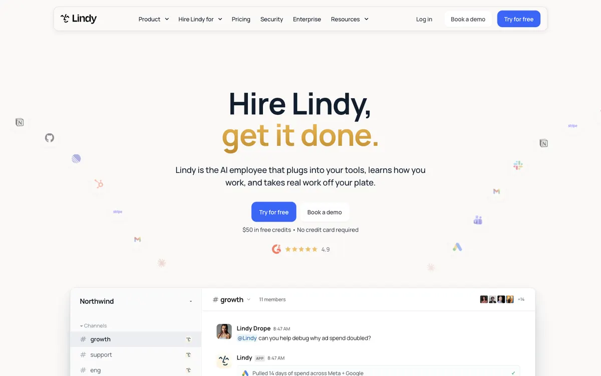 Lindy homepage with the headline Hire Lindy, get it done