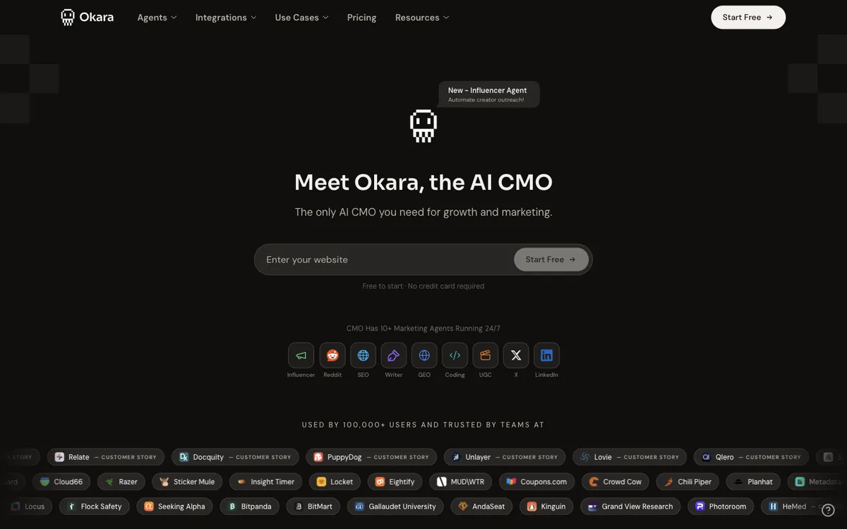 Okara homepage with the headline Meet Okara, the AI CMO